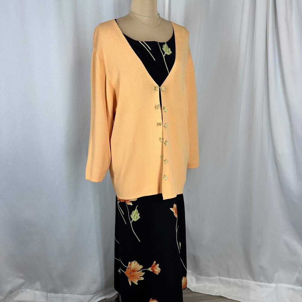 Studio‎ I 2 Pc Floral Maxi Dress Cardigan Set Black Peach Approx XL READ